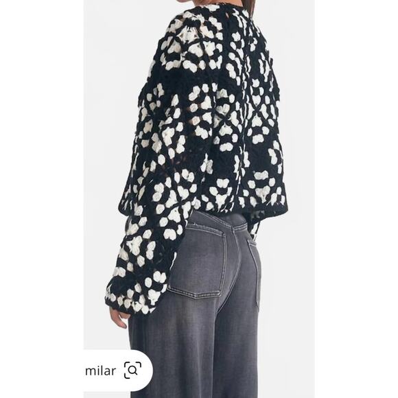 Elan Kylee Macrame Crochet Cropped Cardigan in Black/White, S - Picture 3 of 11